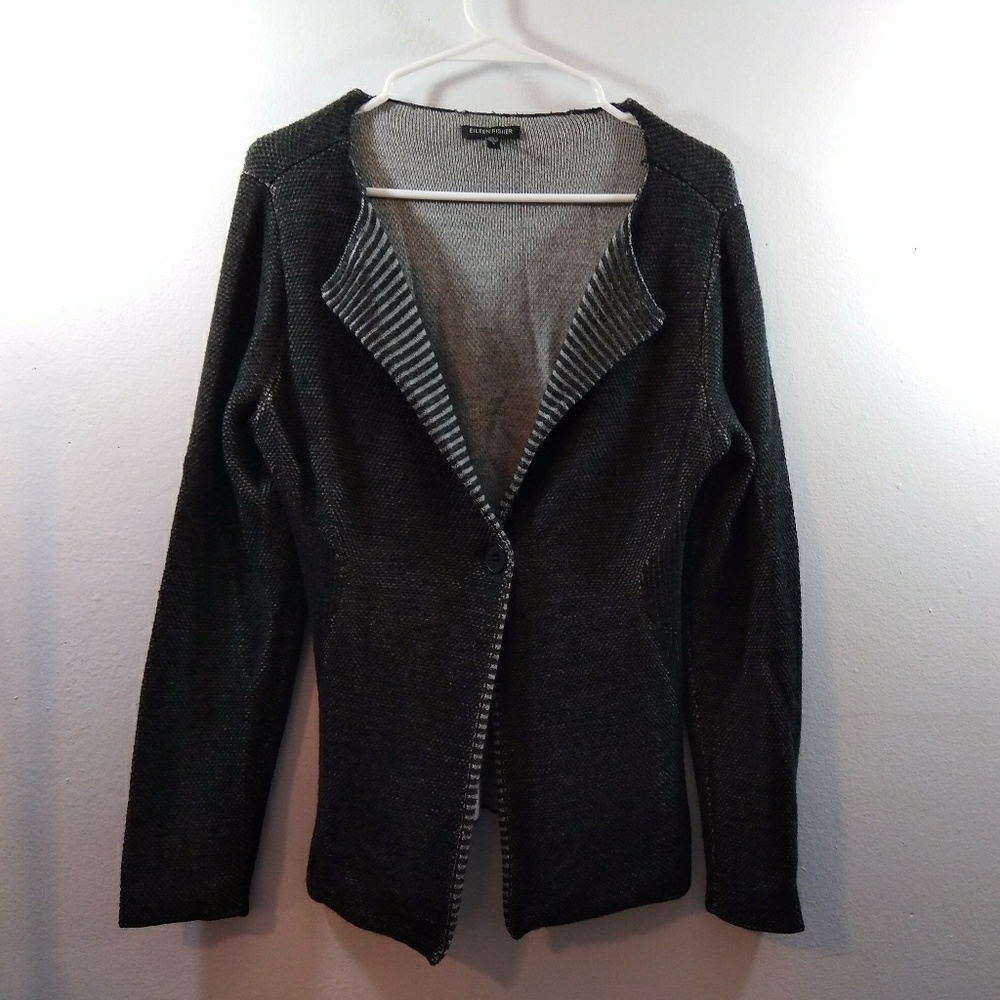 Eileen Fisher Black Grey Cardigan Sweater Wool